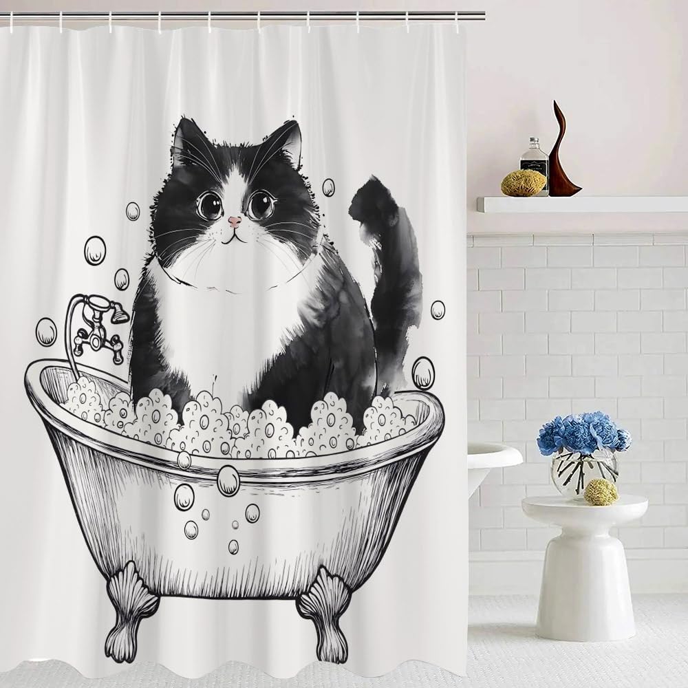 Funny Black Cat Shower Curtain Ink Painting Cute Cat In Bathtub Asian Style Japanese Art Chinese Fabric Bathroom Decor Curtain