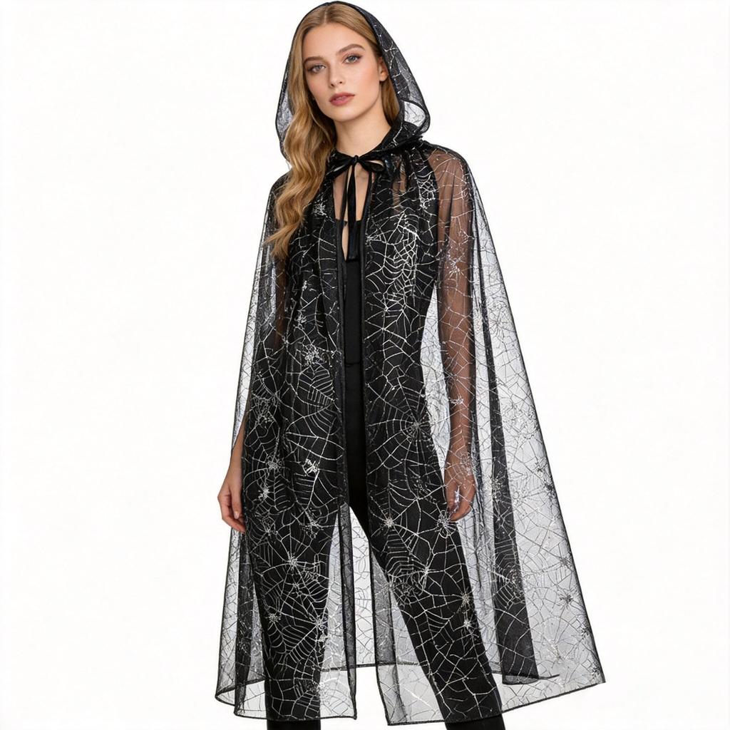 Hooded Mesh Cape with Spider Web Bat Print Halloween Cloak for Adult Cosplay Masquerade Themed Party Costume Accessory Supplies