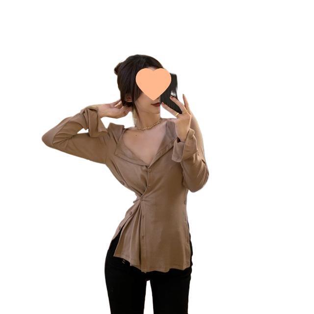 2023 Women's Autumn Korean Style Long-Sleeve Knit T-Shirt with Padded Shoulders, Slim Fit