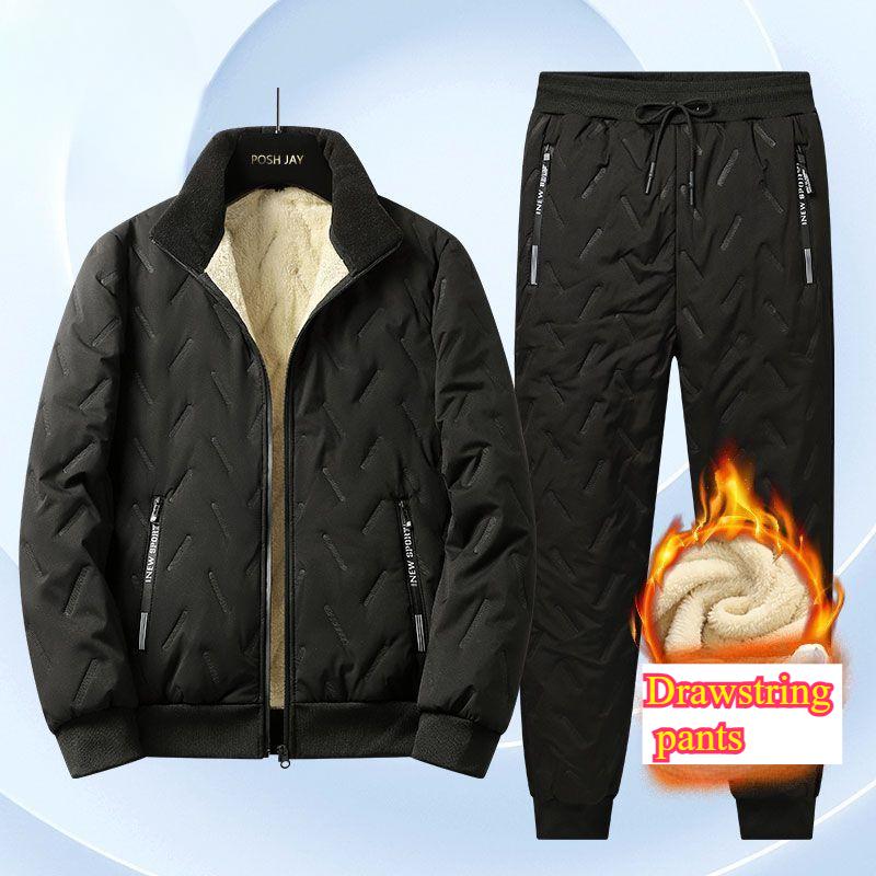 Men's  Winter Fleece-Lined Cotton Coat Set Cotton Trousers Lambswool Cotton Jacket Warm Coat Two-Piece Set