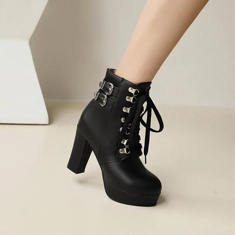 Stivali Ankle Boots Donna Fibbia Tacco Alto Spesso Rosso Rosa Nero Abito da Festa Donna Inverno Peluche Allacciatura Zip Piattaforma Stivaletti Corti