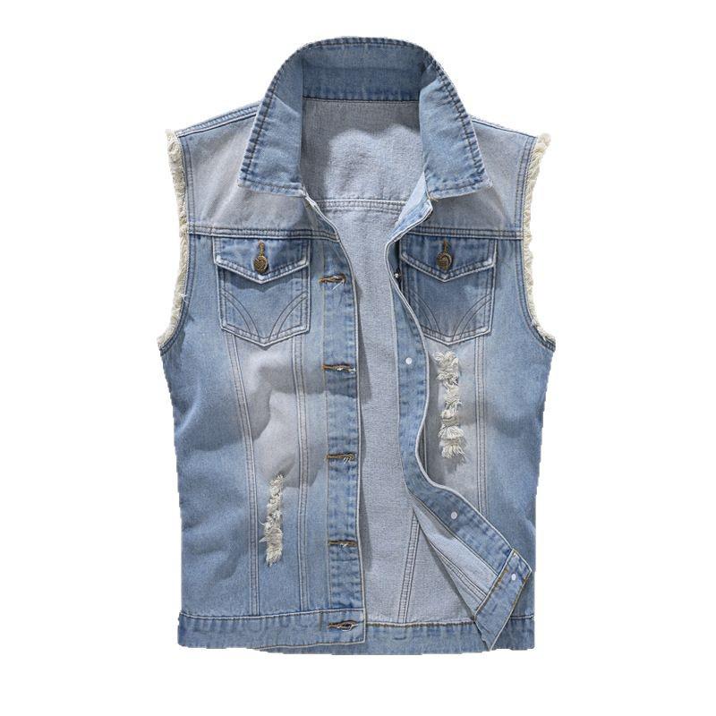 Men's Slim-Fit Light-Colored Ripped Denim Vest - Korean Style Sleeveless Jacket