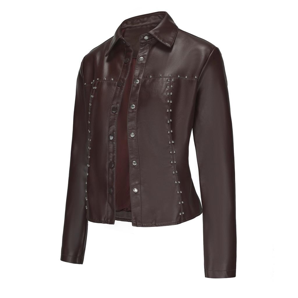 2024 Spring and Autumn New Rivet Leather Jacket Cardigan Button Leather Jacket European and American Fashion Thin Jacket Cross-border Women's Clothing