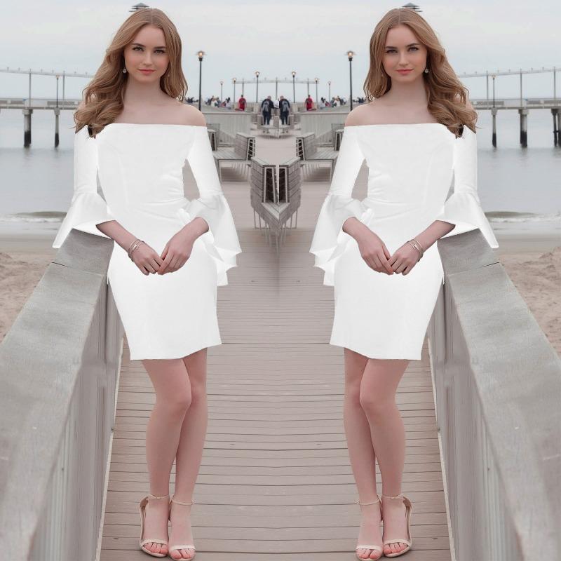 

New women s clothing big lotus leaf sleeve dress sexy slim one-word collar banquet dress mid-skirt S белый