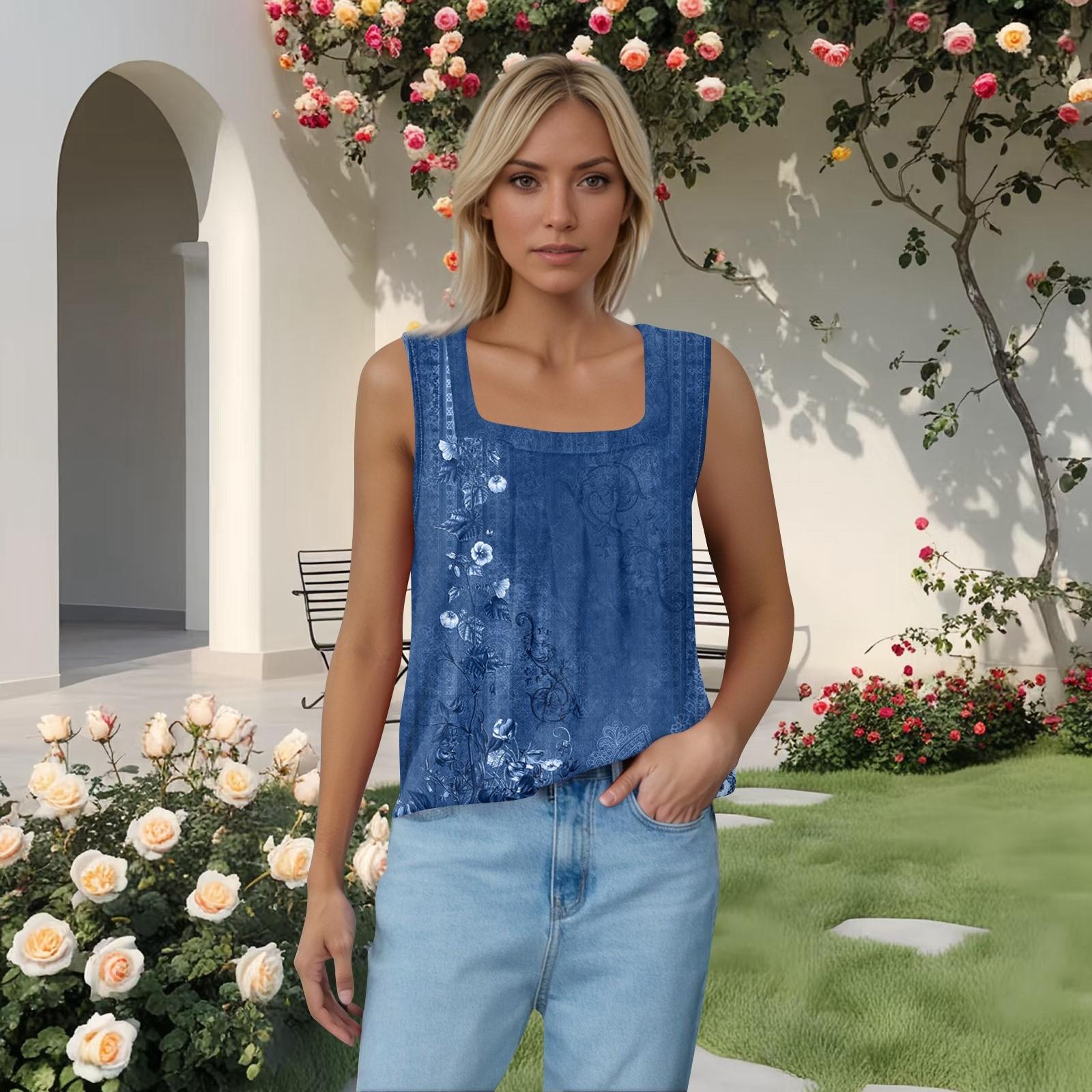 

Женская плиссированная футболка без рукавов с квадратным воротником и принтом L синий