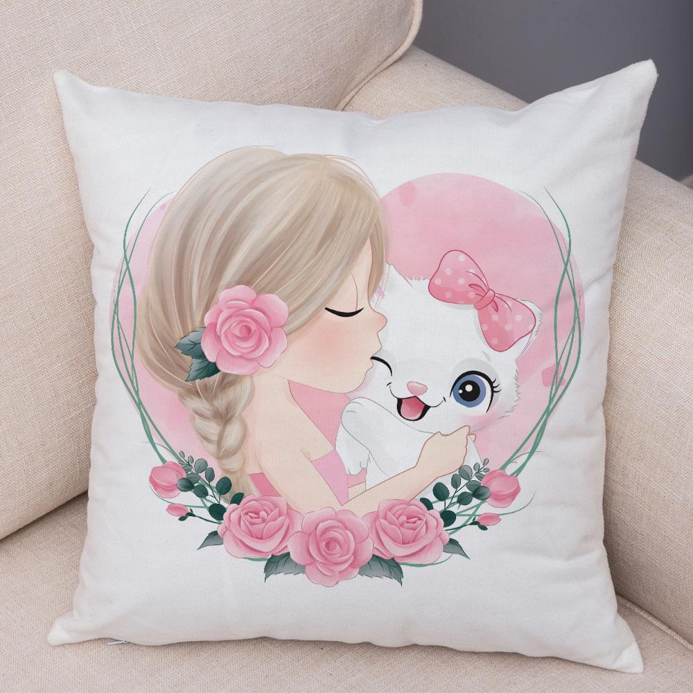 Lovely Girl and Cat Pillowcase Decor Cute Cartoon Child Cushion Cover Pillow Case for Children Room Sofa Home Car 45x45cm