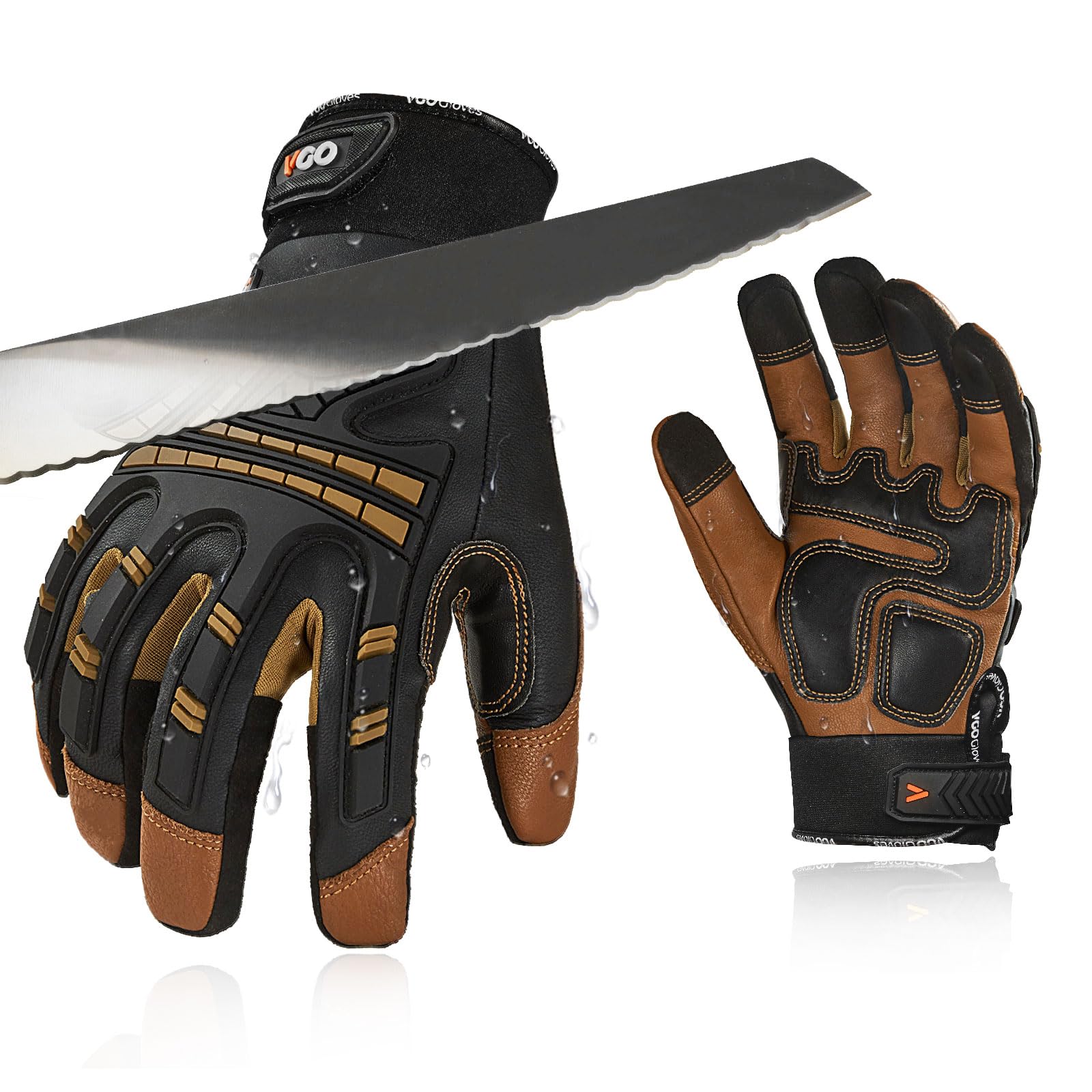 [Vgo...] Safety Work Gloves, Cut-Resistant ANSI Level 5 Leather Gloves, Mechanic Gloves, Shock Absorption, Vibration Damping Gloves, Motorcycle Gloves
