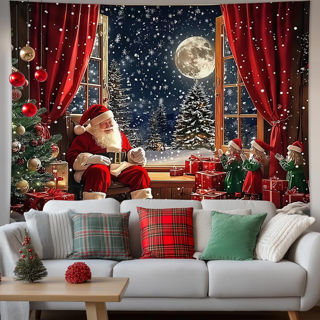 Christmas Tapestry Fairy Lights Christmas Tree Snowy Window Scene Red Curtains Christmas Event Backdrop Background Cloth