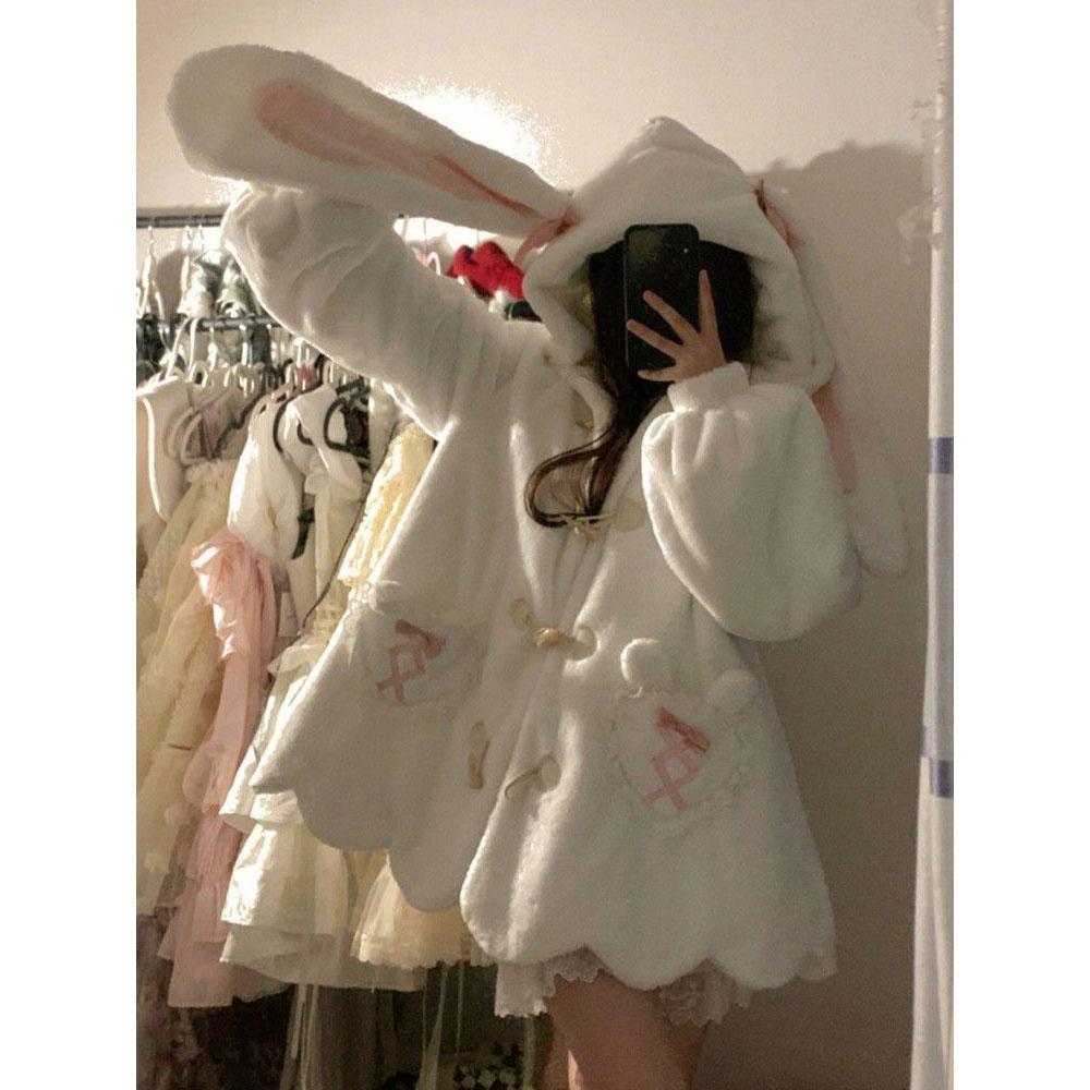 Abbigliamento Invernale Giubbotti Carini Donna Cappuccio con Orecchie di Coniglio Lana d'Agnello Capospalla Oversize Addensato Moda Kawaii Cappotti
