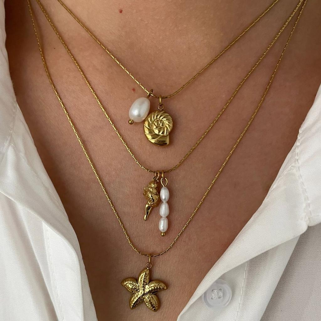 MHS.SUN Seestern Muschel Muschel Anhänger Halsketten Für Frauen Männer Edelstahl Trendige Kette Choker Strandparty Schmuck Sommer