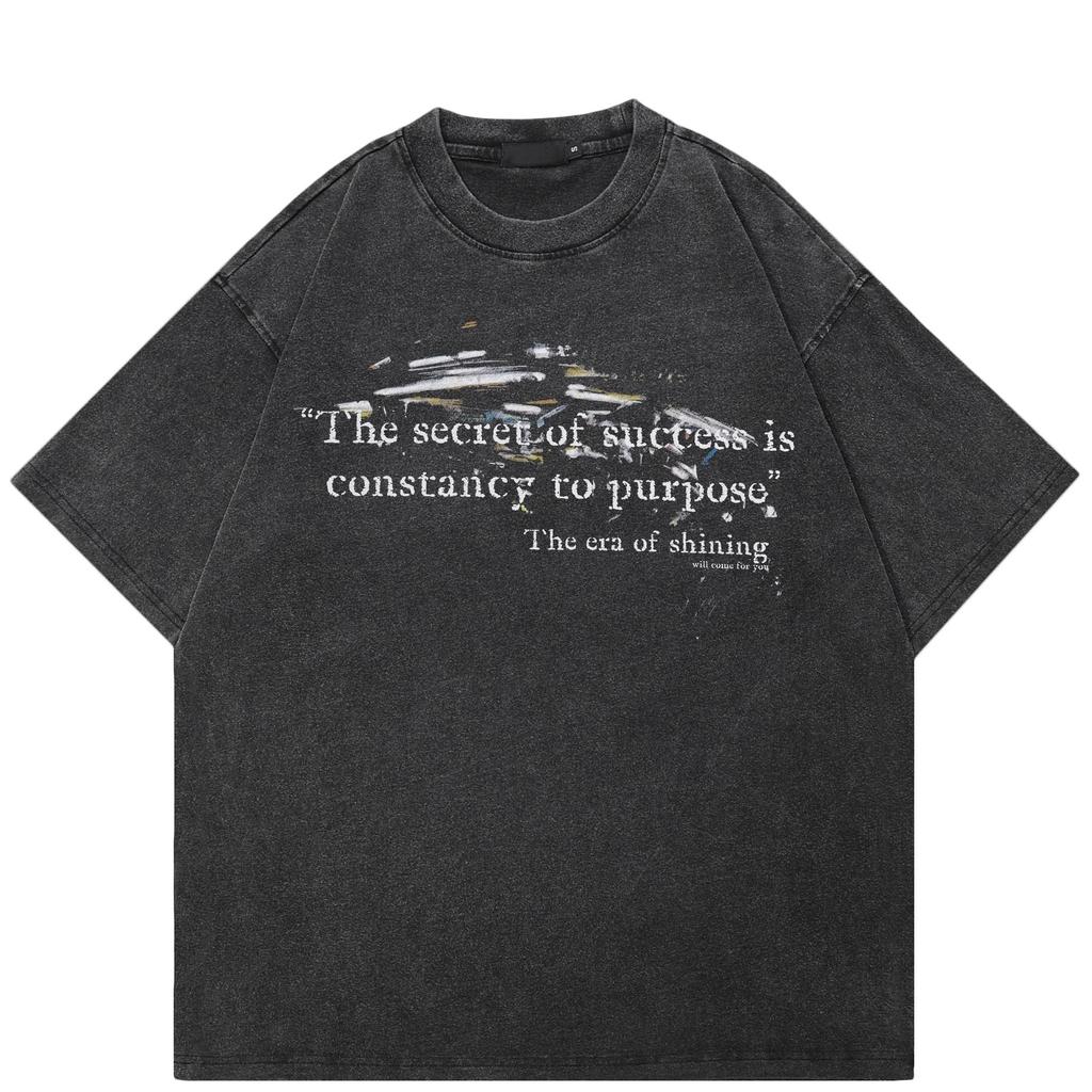 Streetwear Letters Graphic T-Shirt Cotton Washed Black Tshirt Unisex Tops Tees Summer Short Sleeves T Shirt