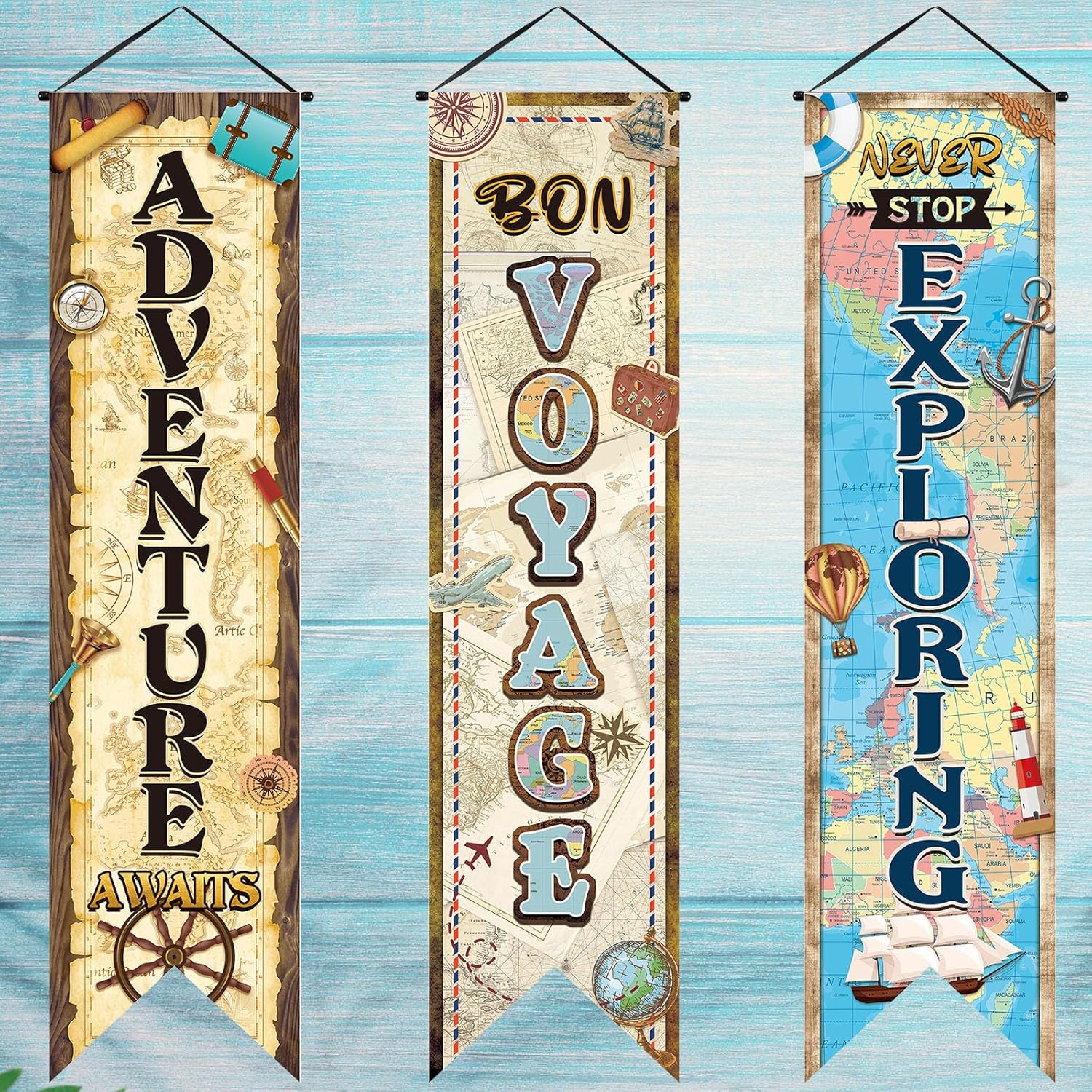 3 Pieces Travel Themed Party Decorations Adventure Awaits Banners Vintage Bon Voyage Porch Signs for Indoor Outdoor Graduation Retirement Hanging