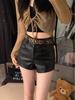 Women's Coffee-Colored PU Leather Shorts - Spicy Girl Style, Autumn/Winter 2025, Old Money Trend, Wide-Leg Slim Straight Hot Pants