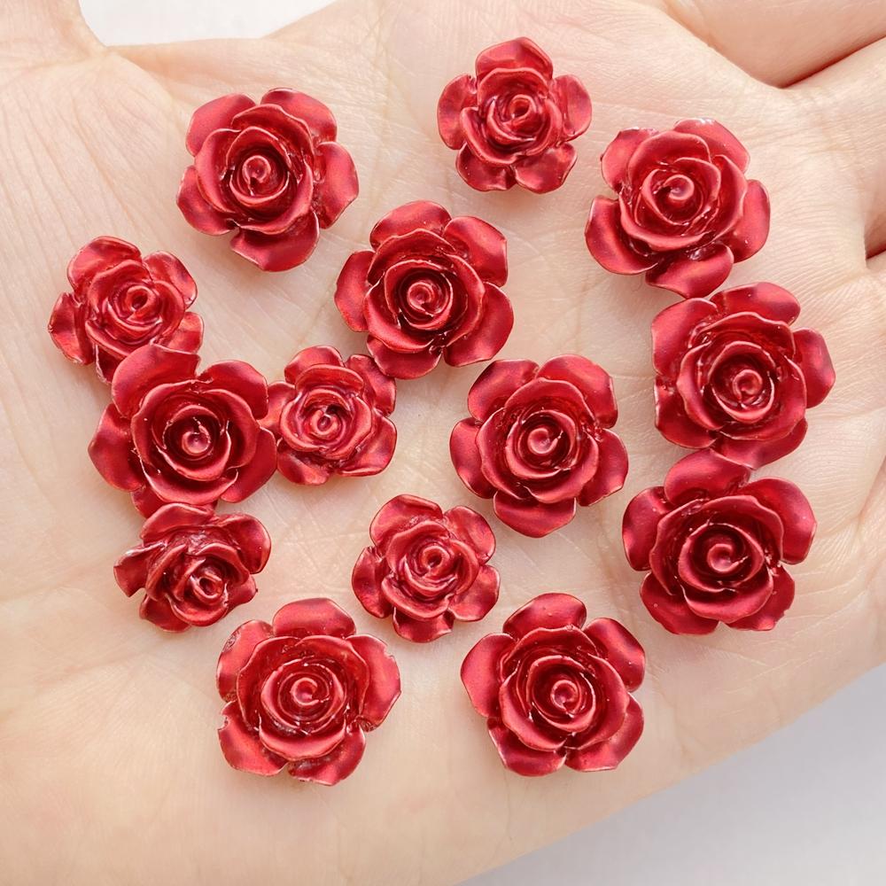 50Pcs Cute Cartoon Mini Red Roses Nail Art Resin Designer Charms DIY Craft For Nail 3D Decorations Jewelry