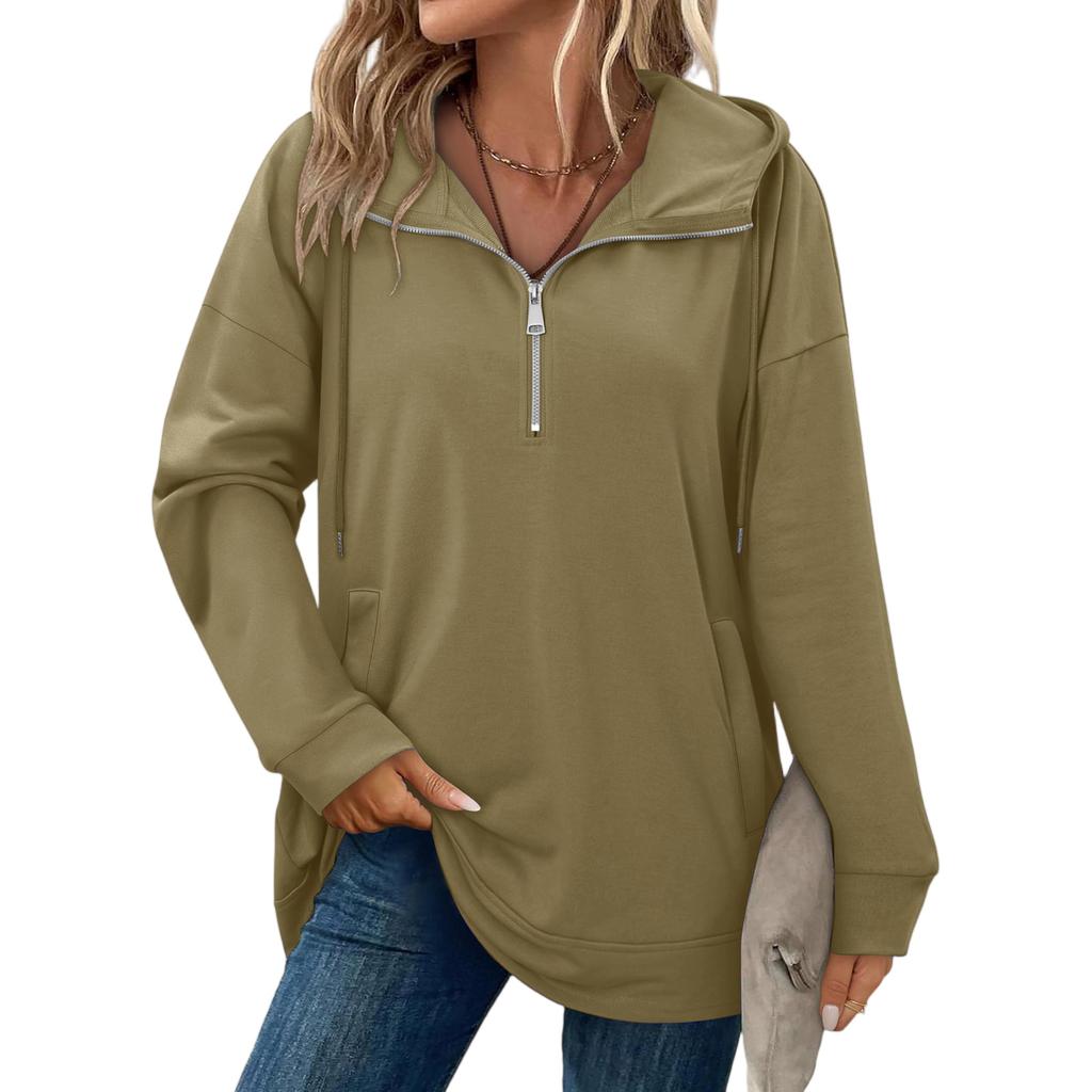 Women's Fashionable Solid Color Hooded Long Sleeved Pocket Pullover Sweatshirt Top