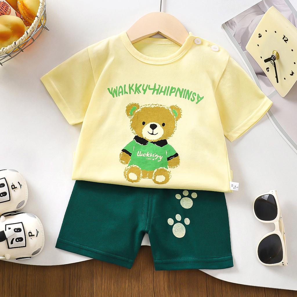 Kids Short Sleeve Cotton Set With Cartoon Pattern For Summer Play