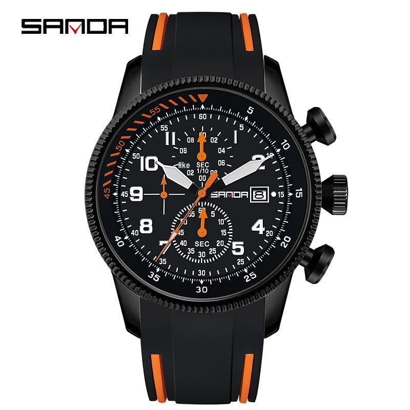 Sanda High-End Silicone Men s Quartz Watch with Calendar and Six-Hand Design