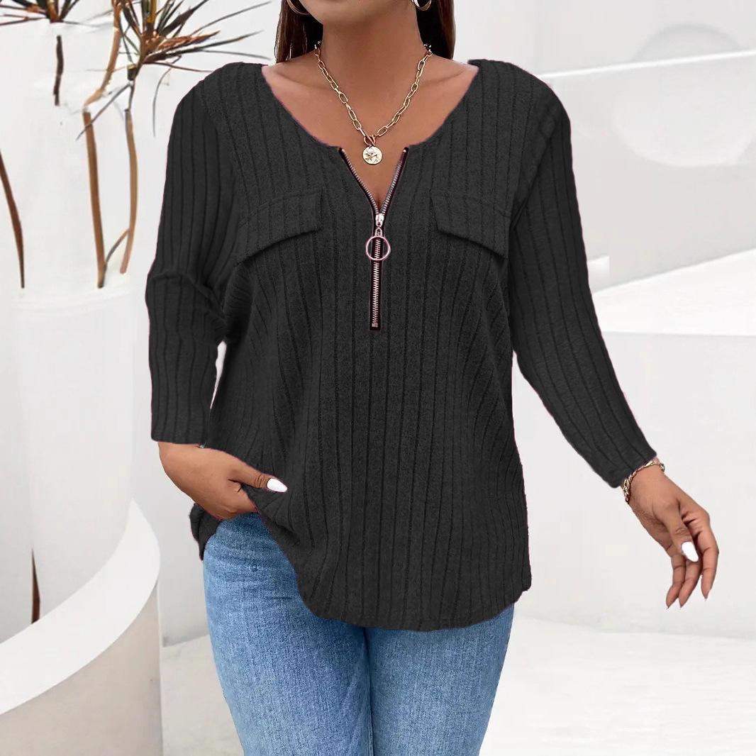 

2025 Autumn/Winter European & American Plus Size Zipper Ribbed Long-Sleeve Top for Women 4XL чорний