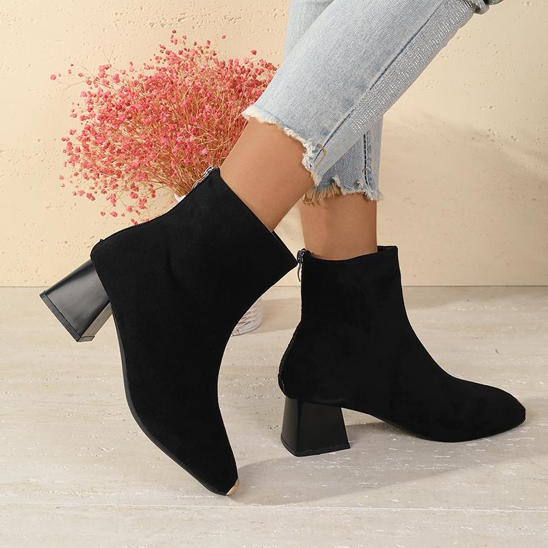 Anti-kick Suede Short Boots for WomenAutumn New Fashionable Chunky Heel Metal Square Toe Mid-Heel Stretch Slim Sock Boots