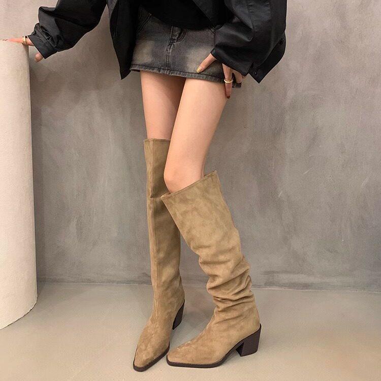 Pile Boots Vintage Suede Khaki Boots Over Knee Boots Women's Boots French Autumn Skinny Boots Thick Heel High Boots