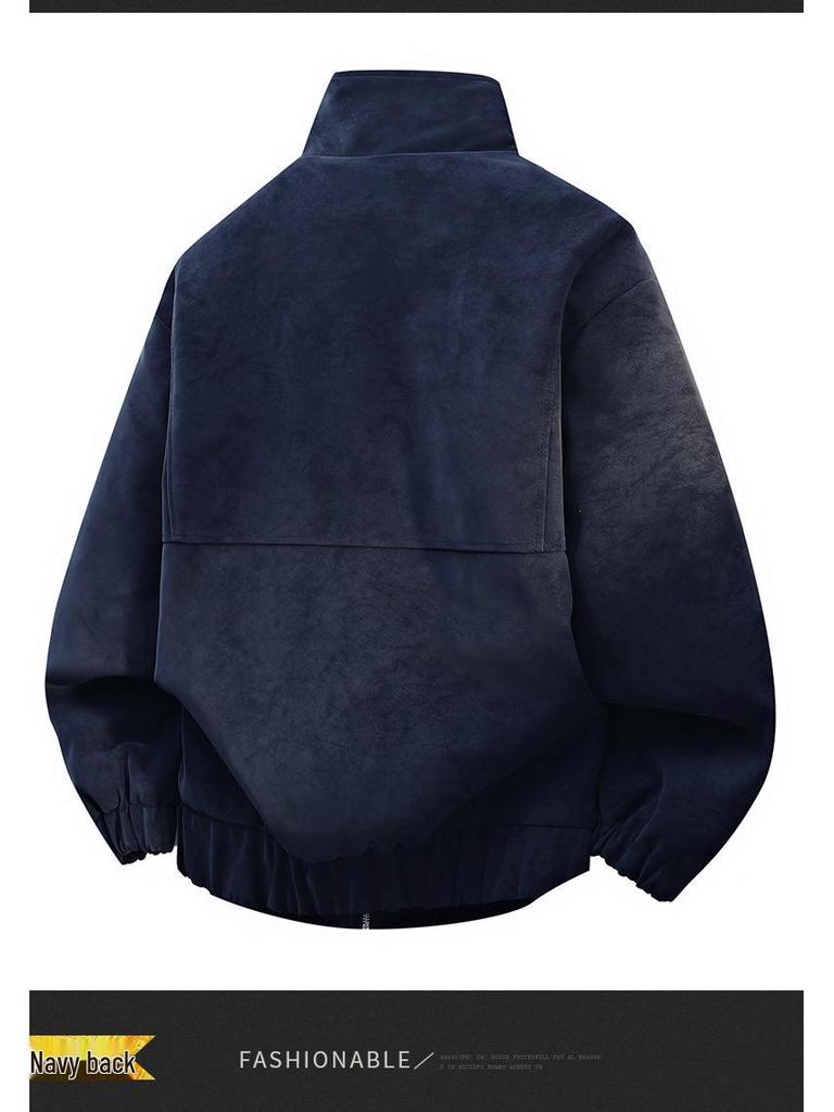 Men's Retro Stand Collar Velvet-Lined Leather Jacket - High-End Loose Fit for Autumn/Winter
