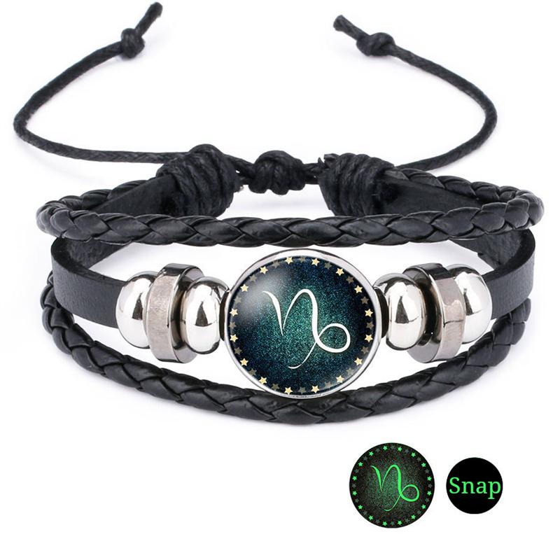 Luminous Twelve Constellation Artificial Gemstone Bracelet ;Beaded Rope Pu Leather 12 Constellation Woven Bracelet