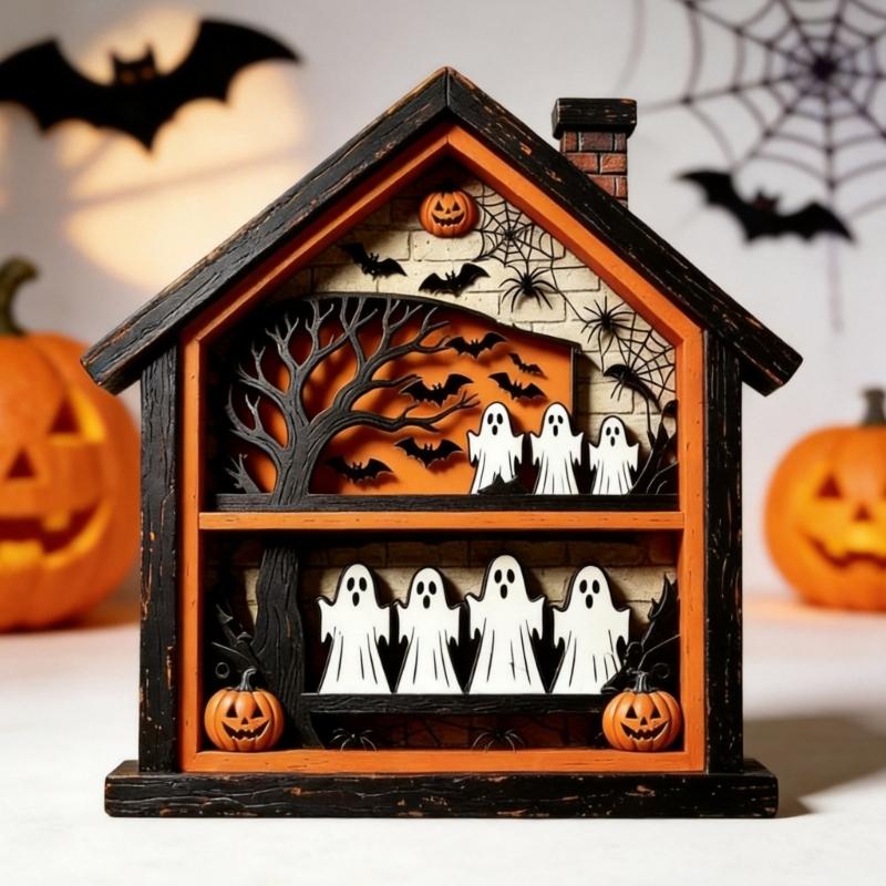 Ghostly Table Signs Halloween Table Centerpieces Tiered Tray Decors Wooden Halloween House Scene Accent for Shelf Use, Standing Indoor Display Piece
