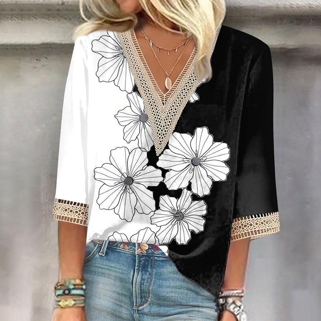 Women's Shirt Blouse Casual Loose Shirts 3/4 Sleeve Lace Trims Print V Neck Tops Print Tops T-shirts