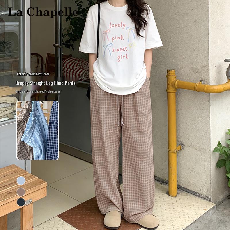 La Chapelle Women s Summer Plaid High-Waisted Wide-Leg Pants S