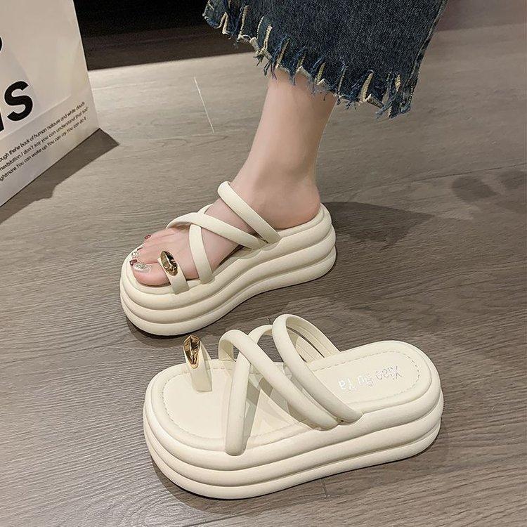 

Temperament bow muffin slippers women s fashion outer wear versatile thick bottom 2025 summer new beach non-slip one-word drag 35