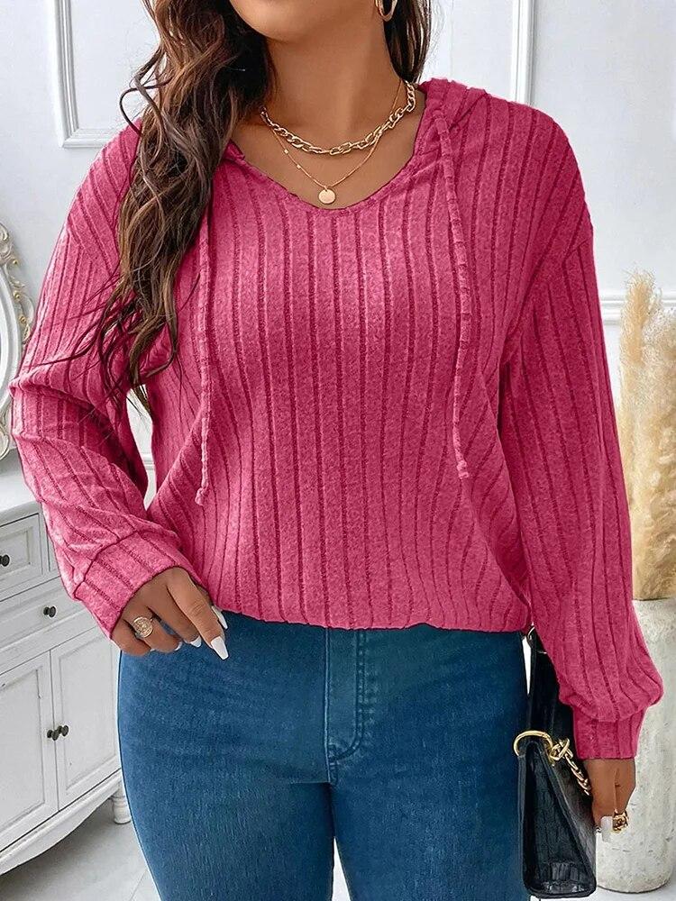 Plus Size Vintage Drawstring Hooded Tshirts Womens Long Sleeve Solid Knit Casual Tops Female Simple Design Chic Streetwear Clothes 2026
