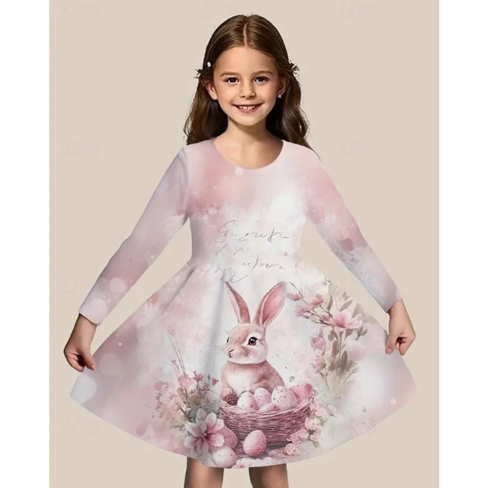Mädchen Lässiges 3D Einhorn Muster Print Rundhals Langarm Kleid Kinder Prinzessinnenkleid