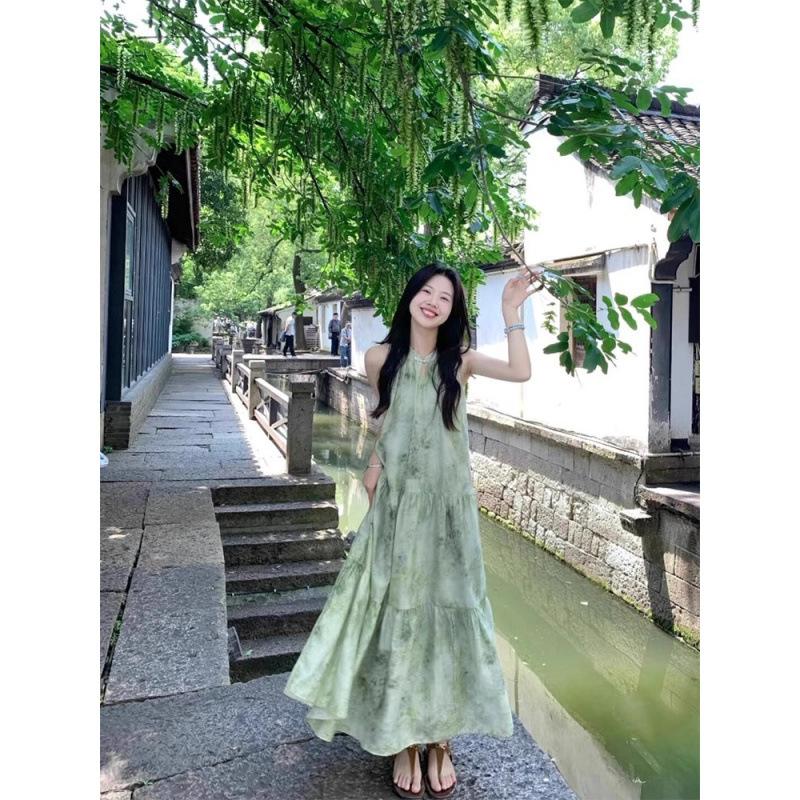 

Новое платье в китайском стиле с халтером для лета, новый нишевый дизайн, зеленая юбка-мазок для морского отдыха L
