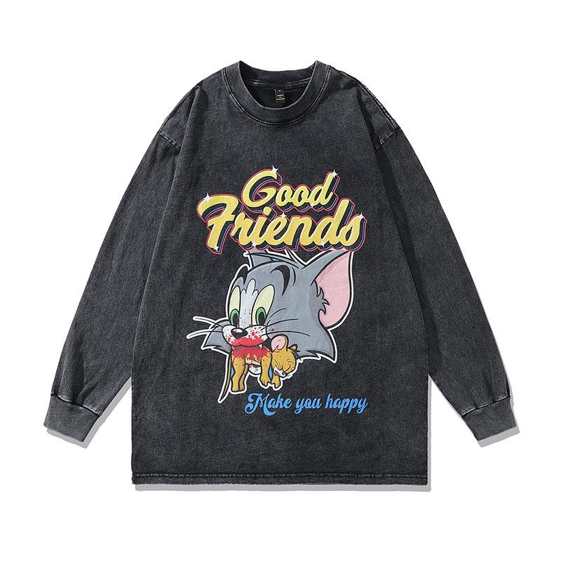 American Street Retro West Coast Hiphop Print Old Long-Sleeved T-Shirt Men'S And Women'S Washed Bottoming Tee Shirt