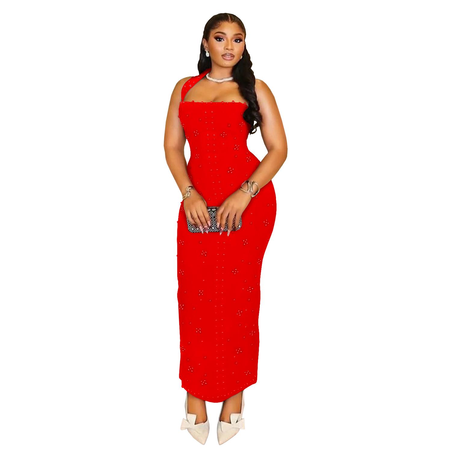 

C7480 Fashion Women s Halter Rhinestone Beaded Bodycon Dress - Europe & America Style Double Extra Large красный