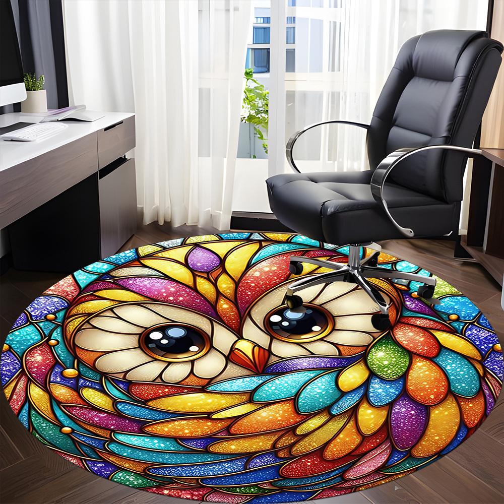 1pc Stained Glass Owl Office Round Area Rug, Under Office Chairs Bedroom Living Room Home Decor, Room Deco
