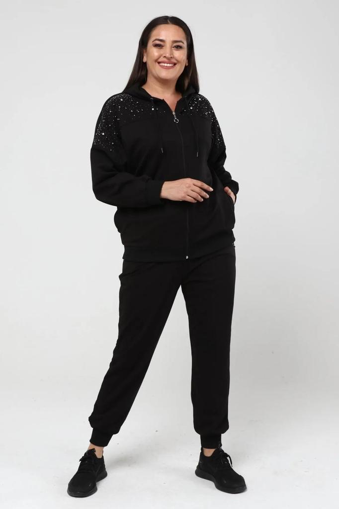 Women's Large Size Stoned Zippered Pocket Jogger Tracksuit Set Black