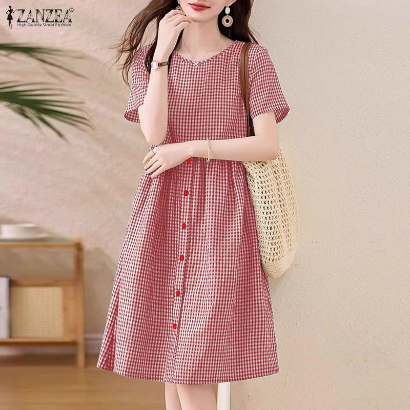 ZANZEA Rochie casual pentru femei, cu gât rotund, mânecă scurtă, imprimeu carouri