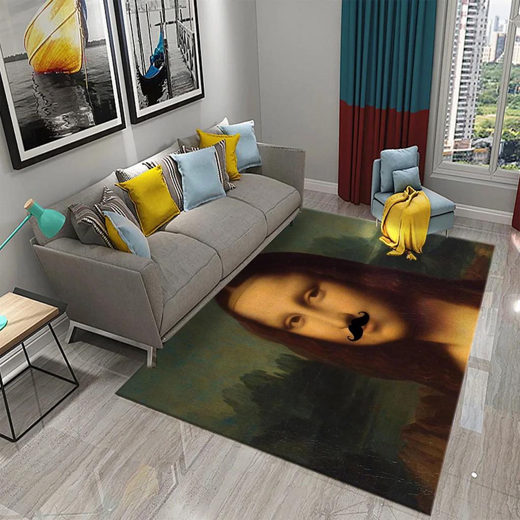 Funny Mona Lisa Oil Painting Carpet Home Decor Painting Mat for Living Room Bedroom Kitchen Bathroom Non-slip Floor Area Mats