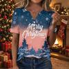 Women's Casual Christmas Print V-Neck Short Sleeve Button Down T-Shirt