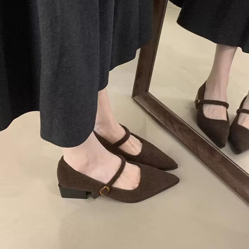 Fashion Suede Pointed Toe Women Shoes Chunky Mid Heels Shallow Shoes Woman 2025 Trend Winter Fashion Brand Casual Walking Zapatos Femme