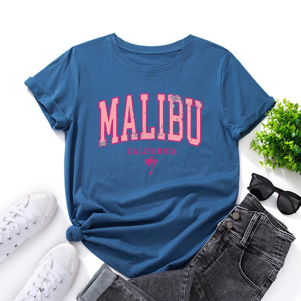 Letters Cotton T-Shirt Short Sleeve Round Neck Women 2d Print Tops