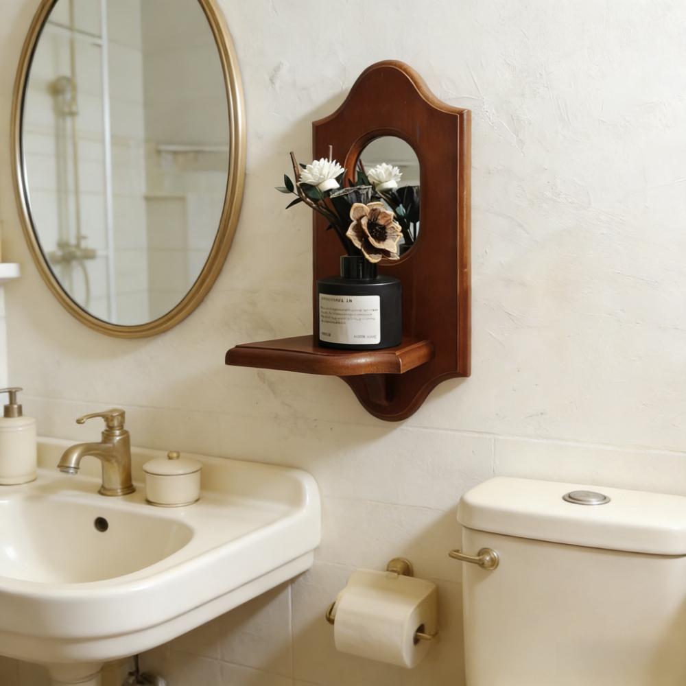 Vintage Wall Mirror with Shelf, Solid Wood Hanging Decor with Candlestick Holder, Decorative Wall Rack for Cafe & Home