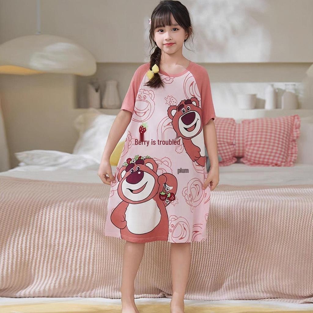 Girls' Short Sleeve Summer Pajama Set for Older Kids - Thin, Comfortable Homewear and A/C Nightgown