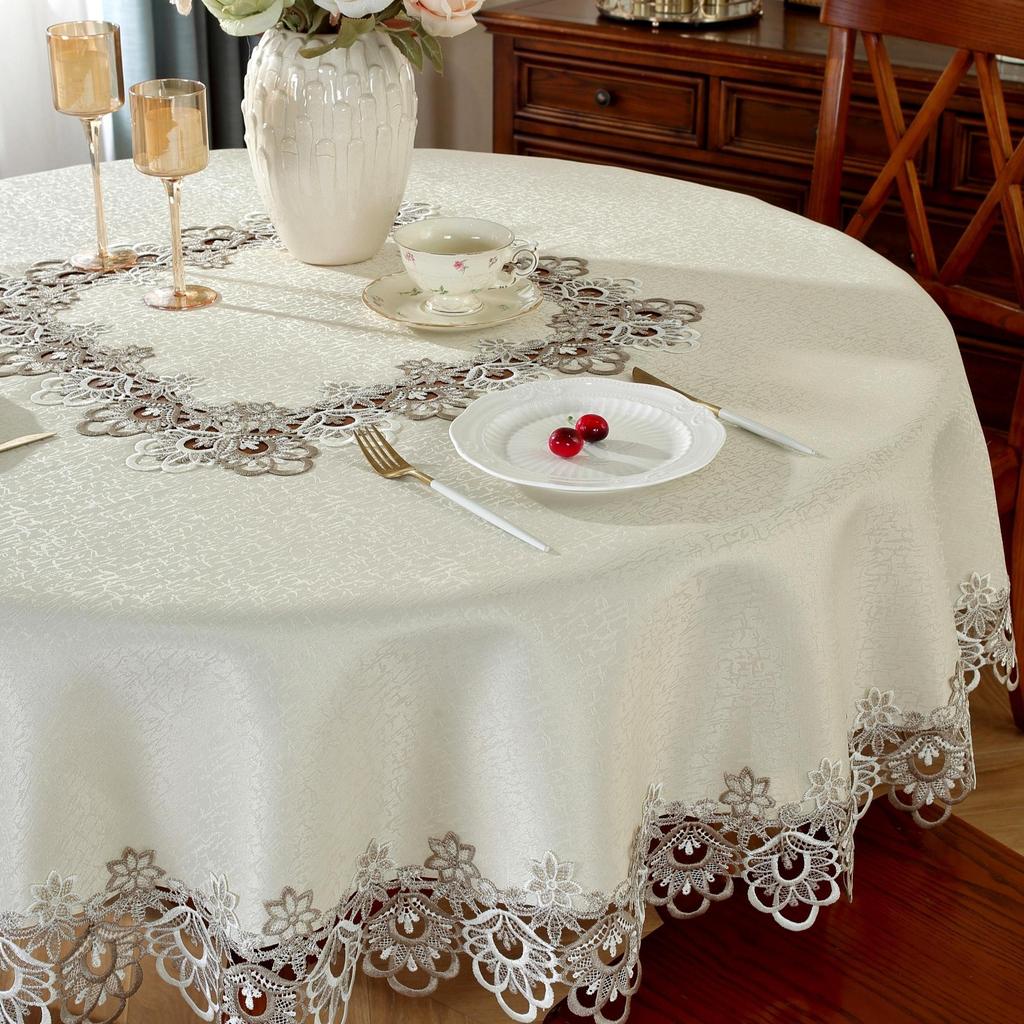 A Beautifully Embroidered Polyester Round Tablecloth with a Two-tone Lace Border - Machine Woven, 100% Polyester for Dining Room, Kitchen and Event