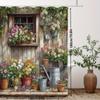 Rustikales Landhaus Duschvorhang Blumen-Fensterbank und Gießkanne Druck Wasserdicht Polyester Badezimmer Dekor Duschvorhang Set