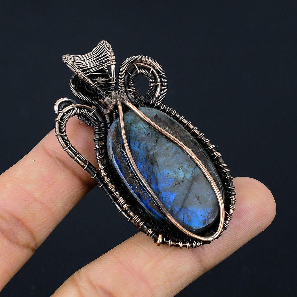 Blue Flash Labradorite Handmade Pendant, Natural Gemstone Jewelry, 999 Copper Wire Wrapped Pendant Jewelry, For Gift