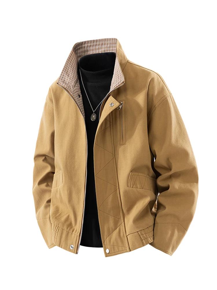 Men's Retro Stand Up Collar Jacket Autumn Long Sleeve Windproof Stand Collar Zip-Up Top Versatile Casual Sport Outerwear Coat