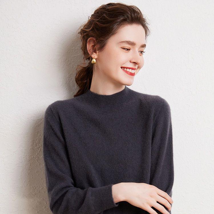 Women's Pure Cashmere Semi-High Neck Sweater - Autumn/Winter High-Quality Knit Base Layer