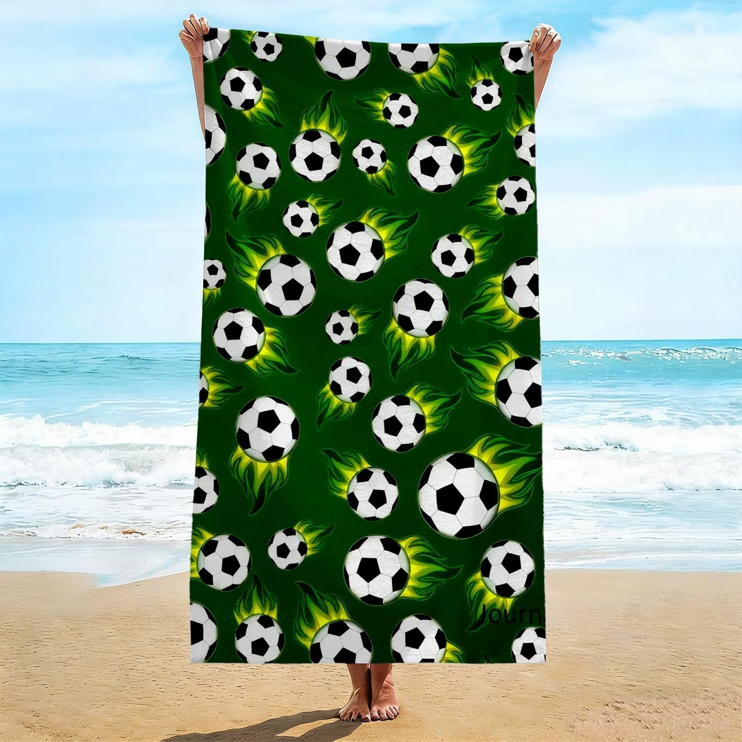 

Flaming Soccer Beach Towel, Green Fire Ball Print, Quick Dry Microfiber, Oversized for Beach Pool, Gift for Football Fans W40*H60(CM)